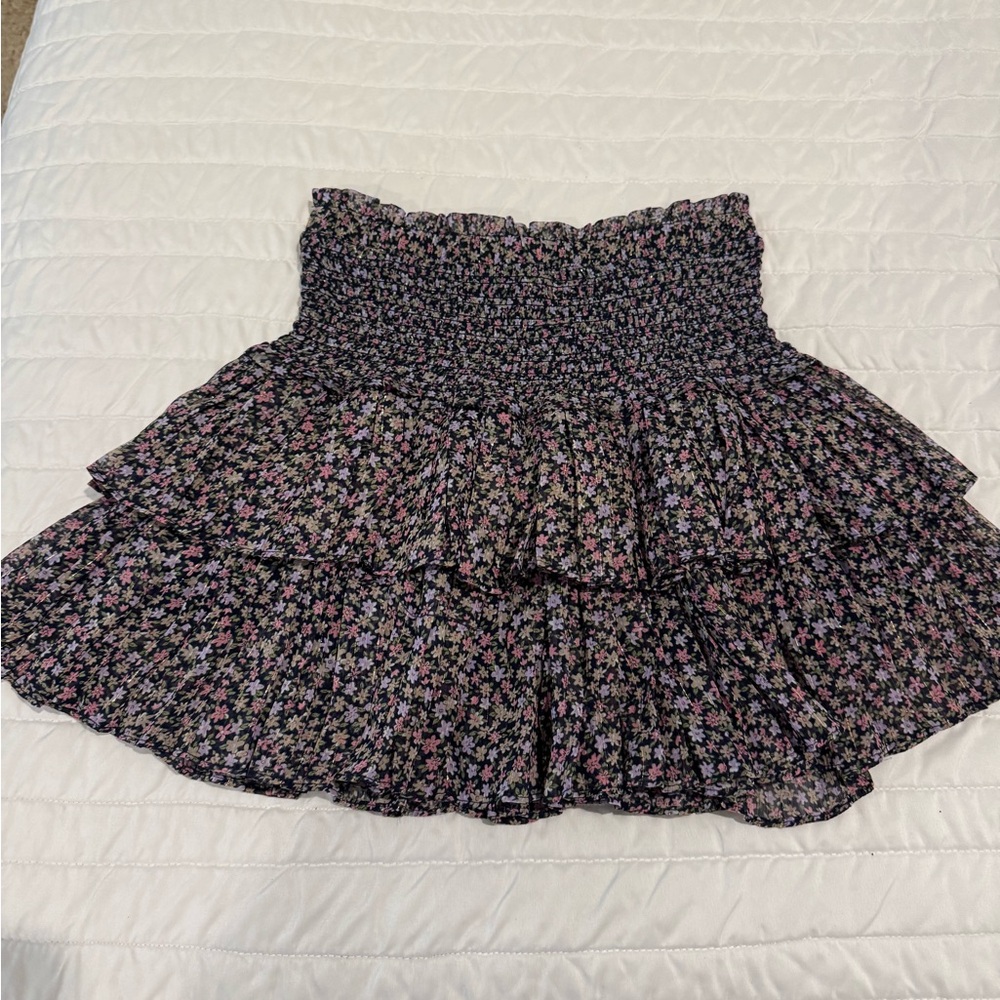 Smocked Floral Ruffle Mini Skirt - Black with Pink & Purple Flowers